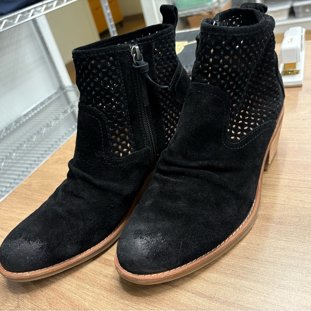 SOFFT Woman’s Black Suede Perforated Ankle Booties with Tan Sole
